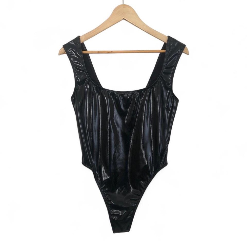 Los Angeles Apparel Black Liquid Vinyl Thong Bodysuit